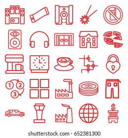 Modern icons set. set of 25 modern outline icons such as airport tower, sliding doors, no phone, pants, house, pizza, cup with heart, heart lock, headset, speaker