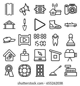 Modern icons set. set of 25 modern outline icons such as home, door, award, trowel, fan, volume, laptop, arm lever, play, camera, house builidng, home lock, home signal, car
