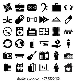 Modern icons. set of 36 editable filled modern icons such as eraser, speaker, skate, newborn child, panel control, case, planet, reload, bass clef, fast forward, guitar