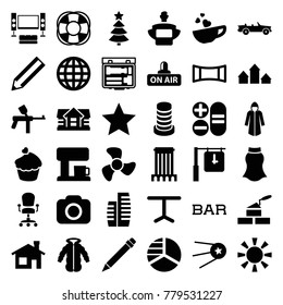 Modern icons. set of 36 editable filled modern icons such as house building, house, pie chart, pencil, globe, paintball, table, fan, muffin, cup with heart, open air, camera