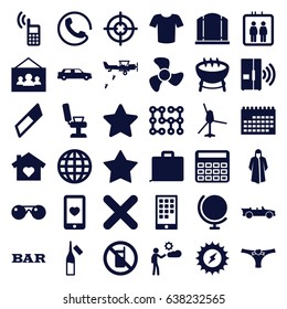 Modern icons set. set of 36 modern filled icons such as elevator, call, no phone, gate, barber chair, bar, overcoat, t-shirt, calculator, star, ampoule, heart mobile