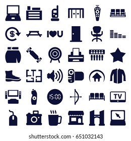 Modern icons set. set of 36 modern filled icons such as mug, sliding doors, tv, sofa, door, bridge, baby monitor phone, chair, equalizer, jacket, skirt, mouse, office chair