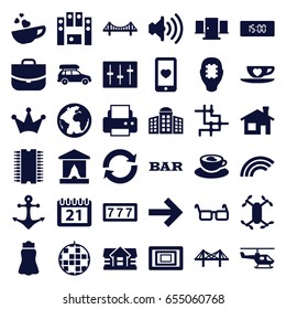 Modern icons set. set of 36 modern filled icons such as building   isolated  sign symbol, house building, house, bridge, 7 number, bar, crown, skirt, case, printer