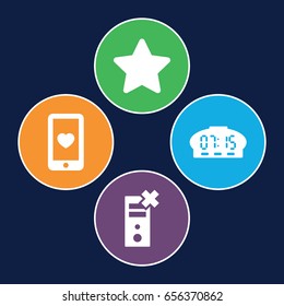 Modern icons set. set of 4 modern filled icons such as heart mobile, star, digital clock
