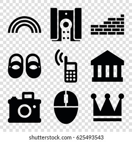 Modern icons set. set of 9 modern filled icons such as baby shoes, Crown, mouse, camera, brick wall, rainbow, phone