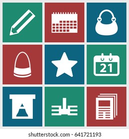 Modern icons set. set of 9 modern filled icons such as bag, pencil, building, calendar, star, newspaper