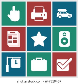 Modern icons set. set of 9 modern filled icons such as printer, middle finger, star, speaker, case, car, clock, newspaper