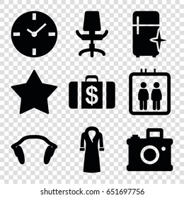 Modern icons set. set of 9 modern filled icons such as elevator, money case, clean fridge, overcoat, star, earphones, office chair, clock