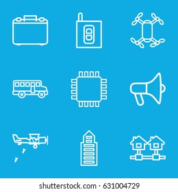 Modern icons set. set of 9 modern outline icons such as building, intercom, case, cpu, military plane, bus, axle with propeller, home