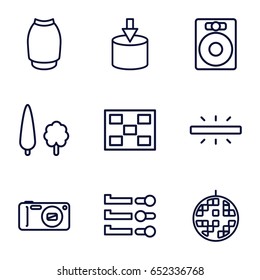 Modern icons set. set of 9 modern outline icons such as skirt, disco ball, camera, photo, tree, entrance, slider