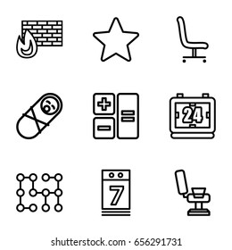 Modern icons set. set of 9 modern outline icons such as barber chair, calendar 7 date, office chair, star, electric circuit, clock, calculator, newborn child