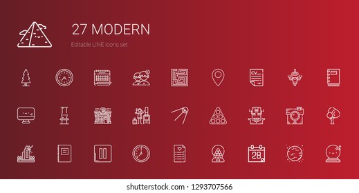modern icons set. Collection of modern with calendar, candy machine, wedding planning, wall clock, pause, notebook, fire, robot, pool, satellite. Editable and scalable modern icons.