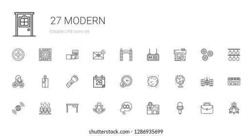 modern icons set. Collection of modern with microphone, map, co, swans, table, fire, earth grid, globe, moon, wall clock, calendar, flashlight. Editable and scalable modern icons.
