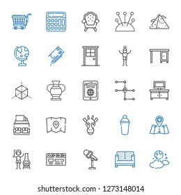 modern icons set. Collection of modern with moon, sofa, microphone, clapperboard, chimney, map, shaker, giraffe, portfolio, tv table, tablet. Editable and scalable modern icons.