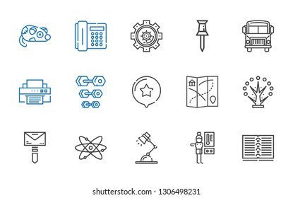 modern icons set. Collection of modern with notebook, thermostat, desk lamp, atomic, mail, tree, map, star, dumbbell, printer, school bus. Editable and scalable modern icons.