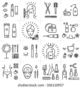 Modern icons set of cosmetics, beauty, spa and symbols collection made in modern linear vector style. Perfect design element  for the cosmetics shop, a hairdressing salon, cosmetology center