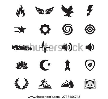 Modern icons set, fire, wings, eagle, lightning, star, gear, swirl, target, car, pulse, sound, shield, lotus, moon, arrow, runner, mountains, book