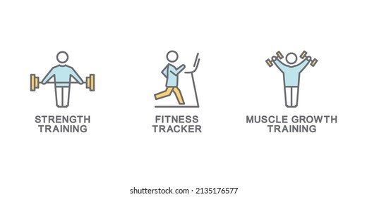 Iconos modernos conjunto de fitness, ejercicio, equipamiento de gimnasia, deportes, actividad, recreación, nutrición.