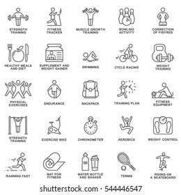 Modern icons set of fitness, exercise, gym equipment, sports, activity, recreation, nutrition. The thin contour lines with color fills.