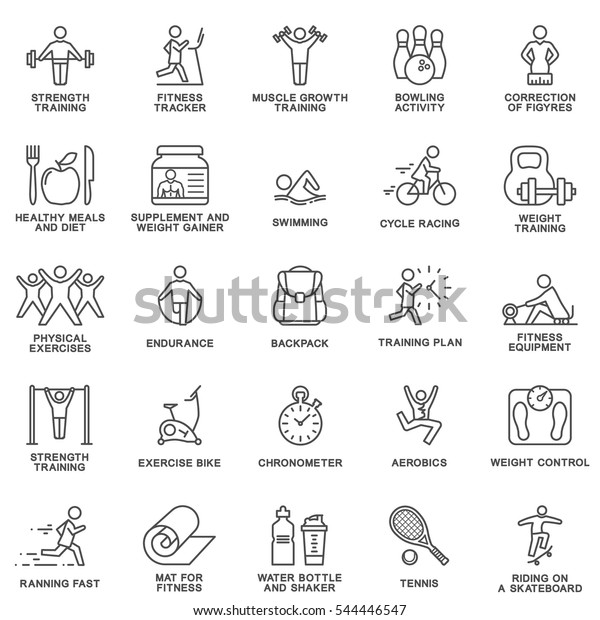 Modern icons set of fitness, exercise, gym\
equipment, sports, activity, recreation, nutrition. The thin\
contour lines with color\
fills.