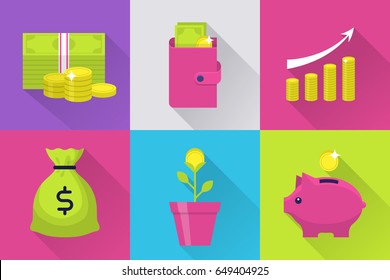 Modern icons set with money, coins, moneybox piggy and wallet. Interface elements in flat design with long shadows. Bank and commerce vector illustration isolated on white background.