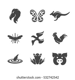 Modern icons set silhouettes of animals. Symbol collection of bird, mosquito, butterfly, kangaroo isolated on white background. Flat pictogram illustration. Animals vector logo concept - stock vector