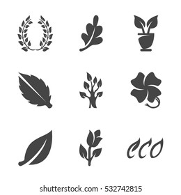 Modern icons set silhouettes of ecology nature and environment conservation. Eco symbol collection of leaves, flower isolated on white background. Vector logo concept for web graphics - stock vector