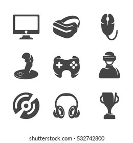 Modern icons set silhouettes of game and accessories. Symbol collection of joystick, virtual reality glasses on white background. Flat pictogram illustration. Vector game logo concept - stock vector