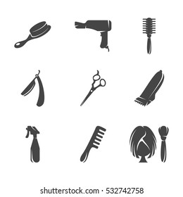 Modern icons set silhouettes of hairdressing tools. Symbol collection of hairdressing tools isolated on white background. Modern flat pictogram set. Vector logo concept for web graphics - stock vector