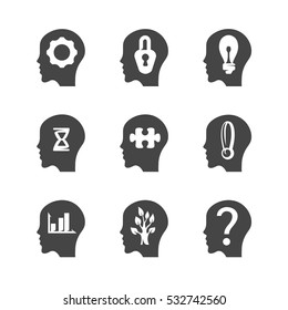 Modern icons set silhouettes of human intelligence, psychology models, mental operations. Flat symbol collection isolated on white background. Vector logo concept for web graphics - stock vector
