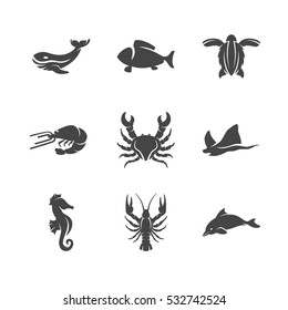 Modern icons set silhouettes of sea animals. Symbol collection of turtle, crab, lobster, dolphin isolated on white background. Sea animals vector flat logo concept for web graphics - stock vector