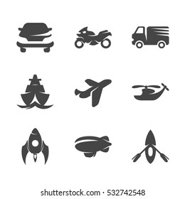 Modern icons set silhouettes of transport. Symbol collection of car, bike, boat, aircraft isolated on white background. Transport flat  vector logo concept for web graphics - stock vector