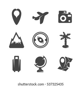 Modern icons set silhouettes of travels. Travel symbol collection isolated on white background. Modern flat pictogram illustration. Vector logo concept for web graphics - stock vector