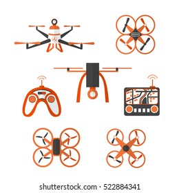 Modern icons set of various quadrocopters and remote controls on isolated background. Trendy flat design. Air drone infographic elements. 