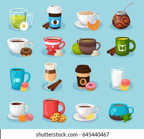 Modern icons for tea shop and cafe.  Tea pots and tea cups vector illustration flat design Colorful template for cooking and restaurant menu. Tea time vector symbols. 