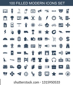 modern icons. Trendy 100 modern icons. Contain icons such as apple target, barn, star, clock, wrist watch with sun, barber chair, disco ball, paper plane. modern icon for web and mobile.