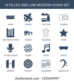 modern icons. Trendy 16 modern icons. Contain icons such as barn, cross, factory, camera, heating system, house, building, star, office chair. modern icon for web and mobile.