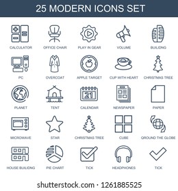 modern icons. Trendy 25 modern icons. Contain icons such as calculator, office chair, play in gear, volume, builidng, pc, overcoat, apple target. modern icon for web and mobile.