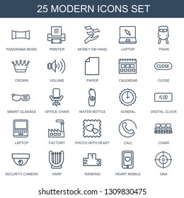 modern icons. Trendy 25 modern icons. Contain icons such as panorama mode, printer, money on hand, laptop, train, crown, volume, paper, calendar. modern icon for web and mobile.