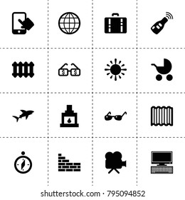 Modern icons. vector collection filled modern icons. includes symbols such as car key, pc, globe, brick wall, roof, radiator, fireplace. use for web, mobile and ui design.