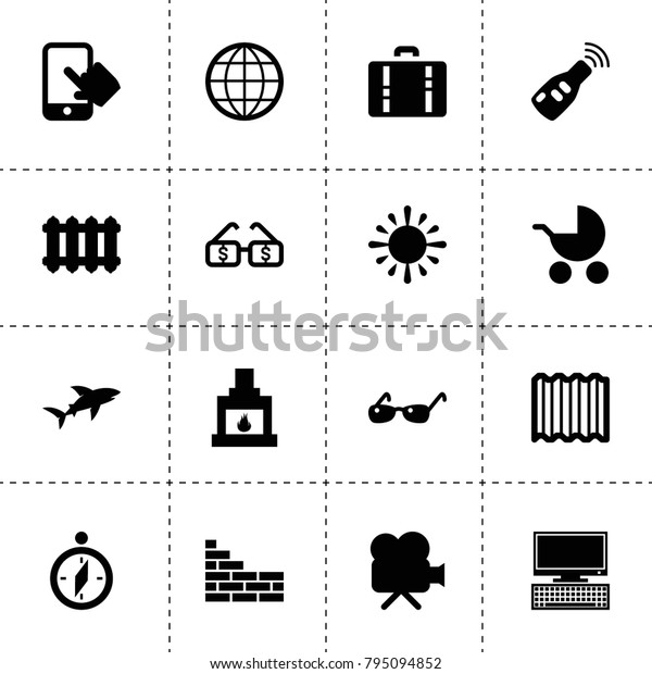 Modern icons. vector\
collection filled modern icons. includes symbols such as car key,\
pc, globe, brick wall, roof, radiator, fireplace. use for web,\
mobile and ui design.