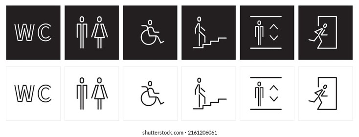 Modern Icons vector. Gender pictogram. Restroom signage. Elevator and Exit and Staircase sign.