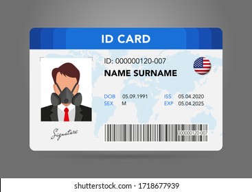 Modern ID card. Photo of a man in a protective mask, a respirator, personal protective equipment. national ID with electronic chip 