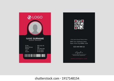 
Plantilla moderna de tarjeta de identificación con un lugar fotográfico de autor. Diseño de tarjeta de identificación de Office de dos lados. Tarjeta de identificación de empleado para su empresa o empresa. diseño de fondo rojo y negro