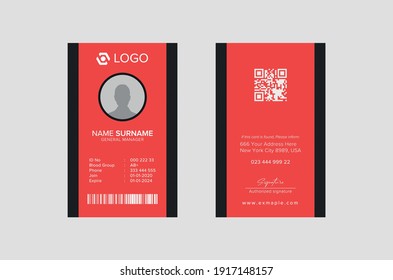 
Modern ID Card Template with an author photo place. Office Id Card Layout Two Sided. Employee Id Card for Your Business or Company. red and black Background Design