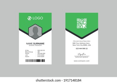 
Plantilla moderna de tarjeta de identificación con un lugar fotográfico de autor. Diseño de tarjeta de identificación de Office de dos lados. Tarjeta de identificación de empleado para su empresa o empresa. diseño de fondo verde y blanco