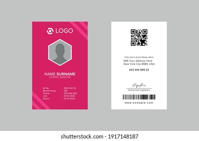 
Modern ID Card Template with an author photo place. Office Id Card Layout Two Sided. Employee Id Card for Your Business or Company. pink and white Background Design
