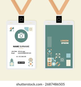 Plantilla de tarjeta de identificación moderna con patrones geométricos en estilo retro para personal corporativo o de eventos