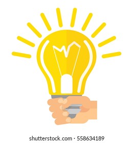 Modern idea innovation light bulb infographic concept. Conceptual web illustration of businessman hand holding lamp. Business strategy planning objects. Flat vector cartoon illustration.
