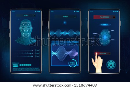 Modern identification smartphone app. Biometric scanning fingerprint, face recognition and voice recognition for authorization verification. UI futuristic identification APP. Vector illustration 